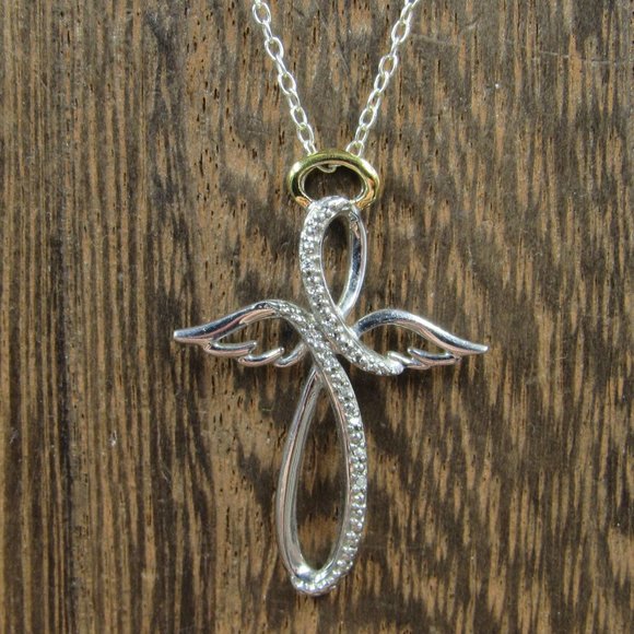 Jewelry - 16" Sterling Silver Diamond Angel Cross Religious Necklace Vintage